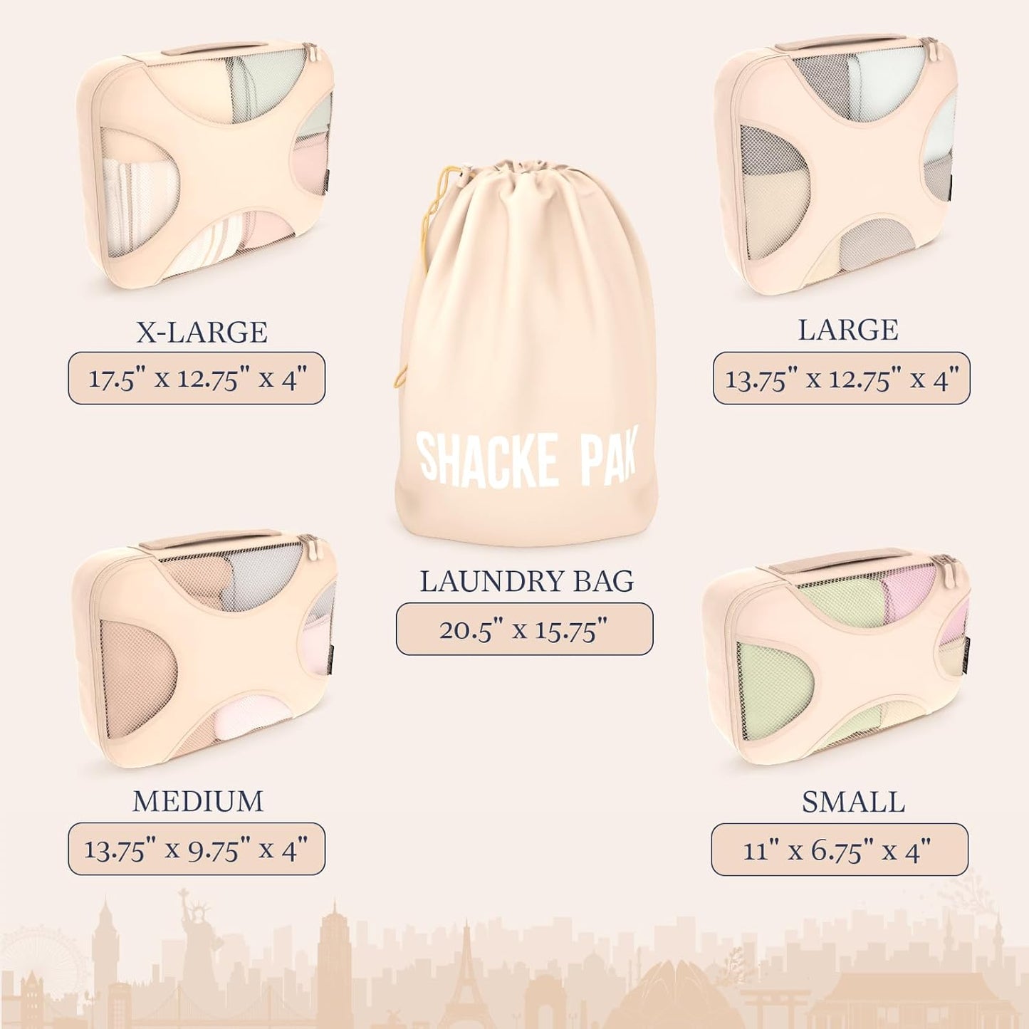 Shacke Premium 5 Packing Cubes Set - Lightweight Mesh Travel Luggage Organizers with Laundry Bag, 5-Piece Suitcase Storage System (Cream)