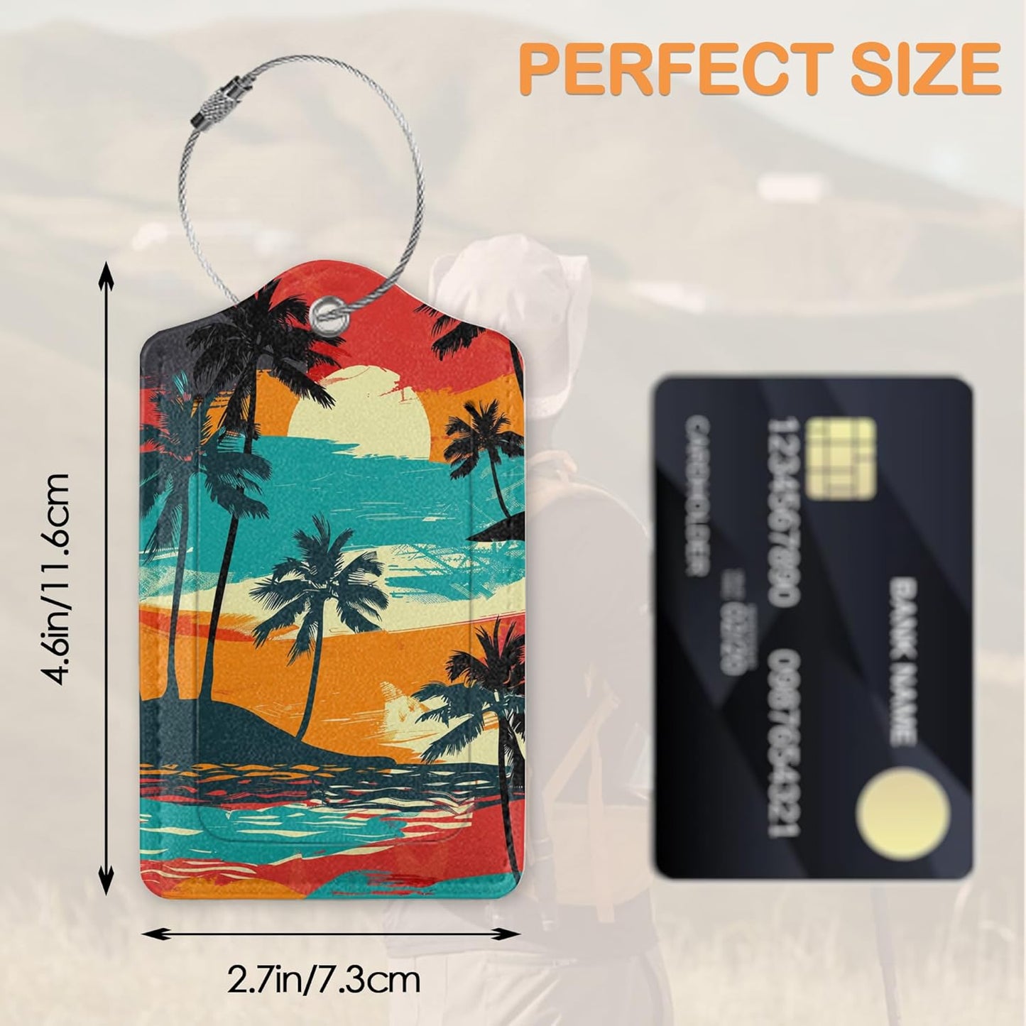 Abstract Beach 3 Pack Luggage Tags for Suitcases, Colorful Tropical Palm Tree Sunset PU Leather Luggage Tag for Travel, Bag Tags with Privacy Name ID Card and Steel Loop for Women Men