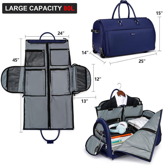 Modoker Rolling Garment Bags, Large Garment Duffle Bag with Wheels, 3 in 1 Garment Suit Luggage Bag for Women Men Business Travel Weekender, Blue