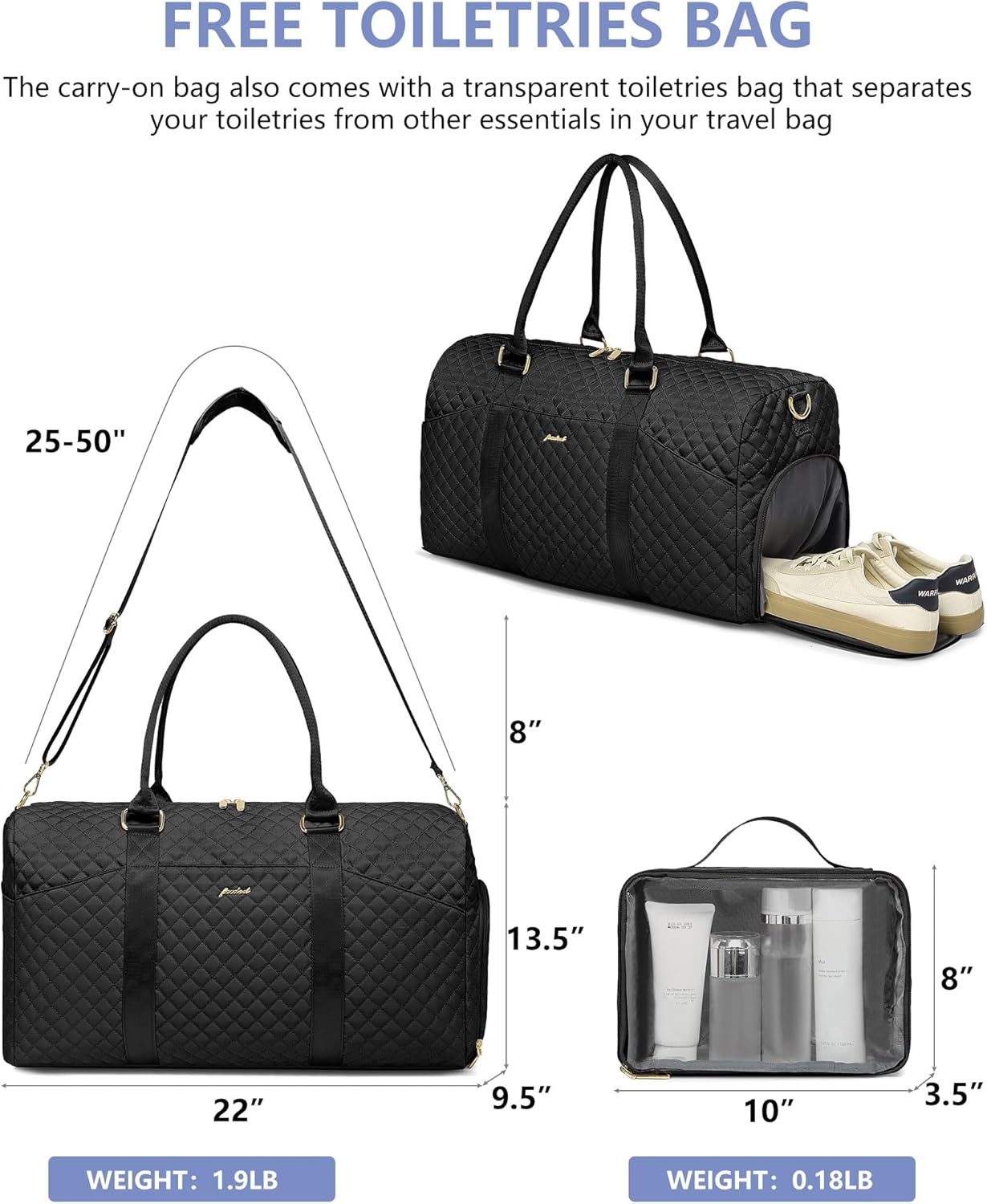 Weekender Travel Duffle Bag for Women - Overnight Bags with Wet Pocket Toiletry Bags Carry on Bag with Shoe Compartment Weekend Yoga Gym Traveling Hospital Bags for Labor and Delivery Black