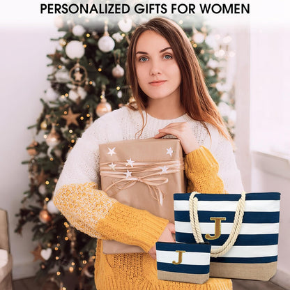 Becokan Beach Bag Initial Beach Tote with Makeup Bag for Travel Work Storage Personalized Birthday Gifts for Women Her