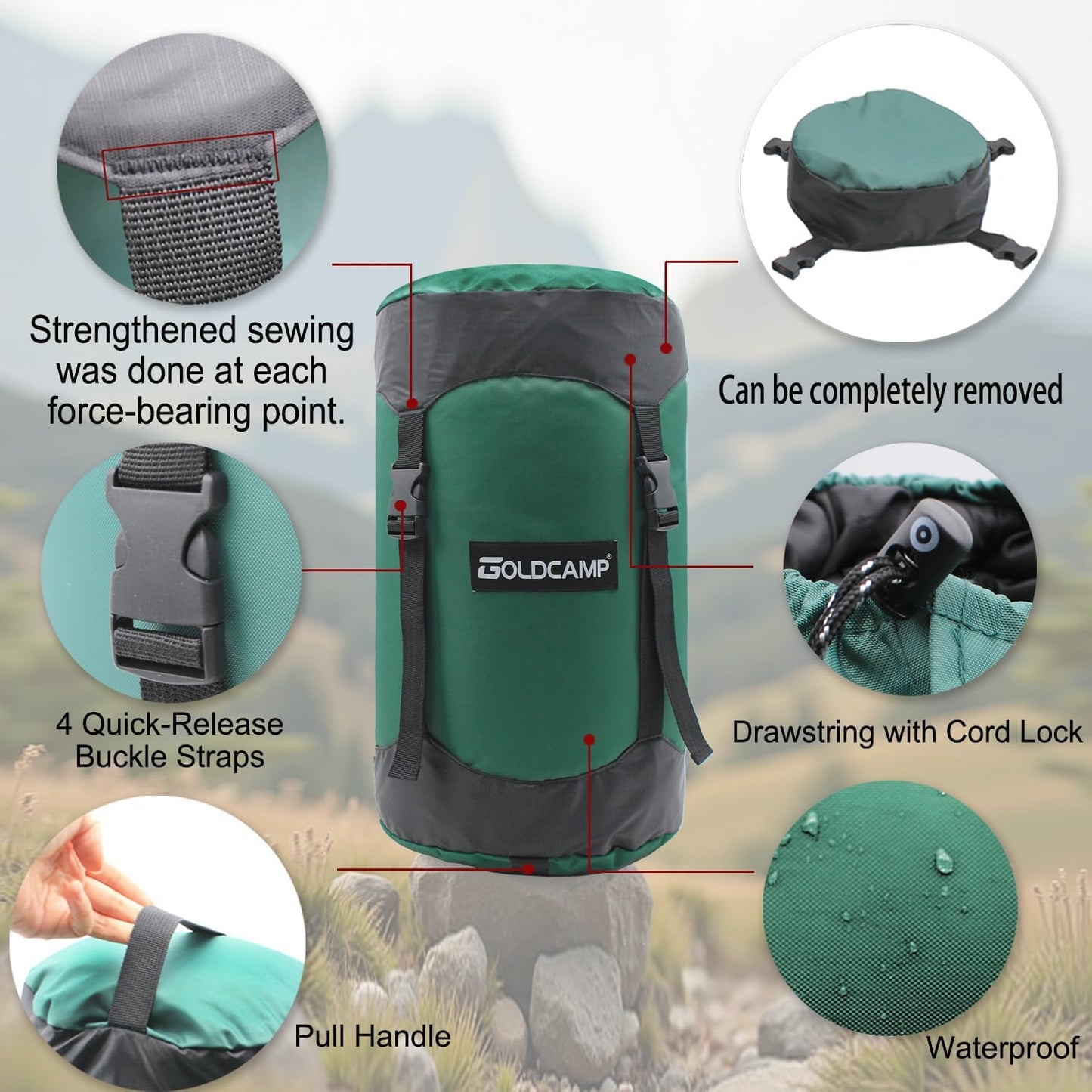 GoldCamp Compression Sack, 40% More Storage! 18L/30L/43L/49L/65L Compression Stuff Sack, Waterproof & Ultralight Sleeping Bag Stuff Sack - Space Saving Gear for Camping, Hiking (Green, XXXL)