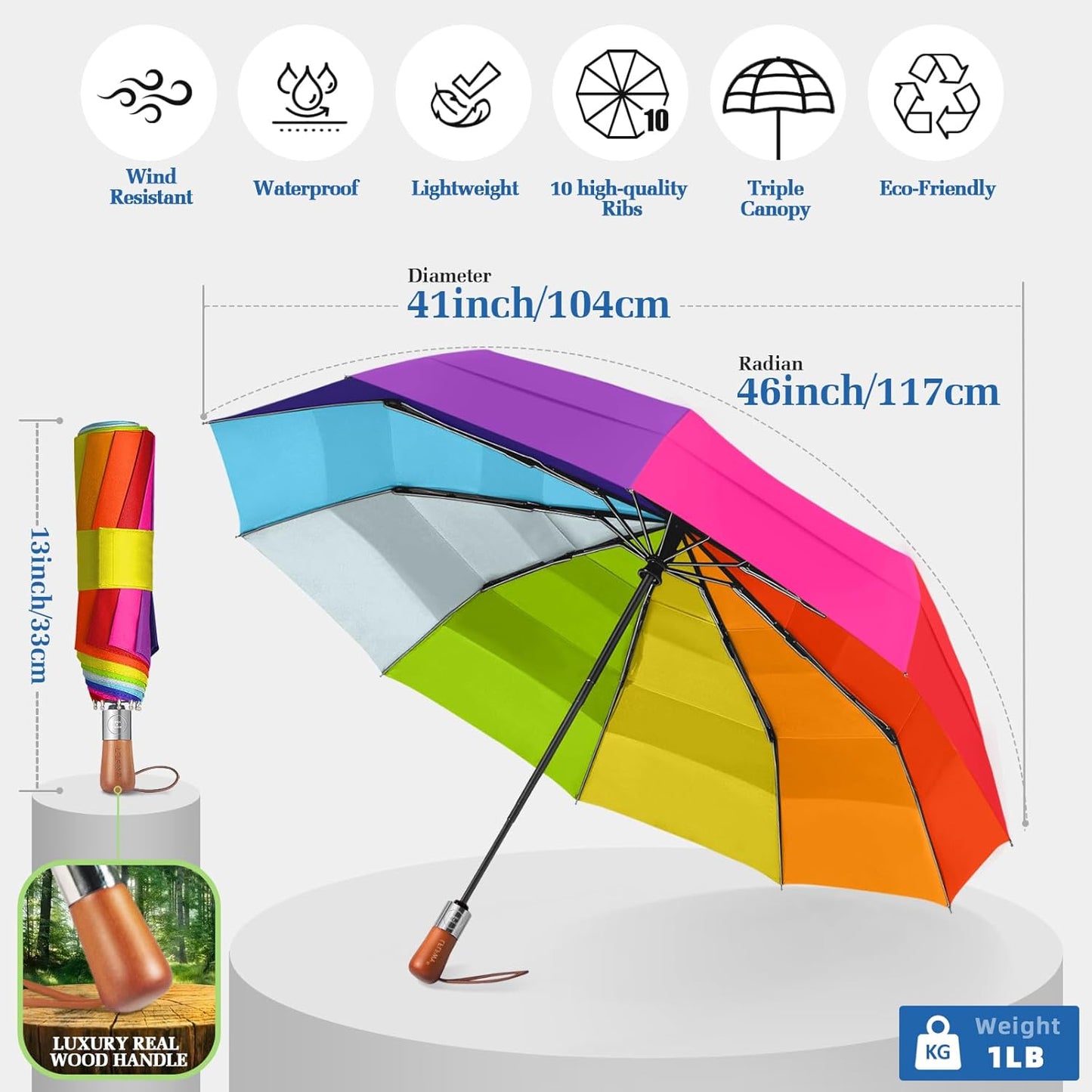 3T Wind Armor Travel Umbrella Compact Easy Auto Open Close Folding Umbrellas for Rain Windproof Umbrella for Women and Men Durable Real Wood Handle Portable Fits Backpack Car