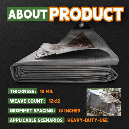RAINDEWAY Tarps Heavy Duty Waterproof 30x30 Feet, 10 Mil Thick Multipurpose UV Resistance Large Tarp Cover with Metal Grommets and Reinforced Edges, Silver/Brown Tarp
