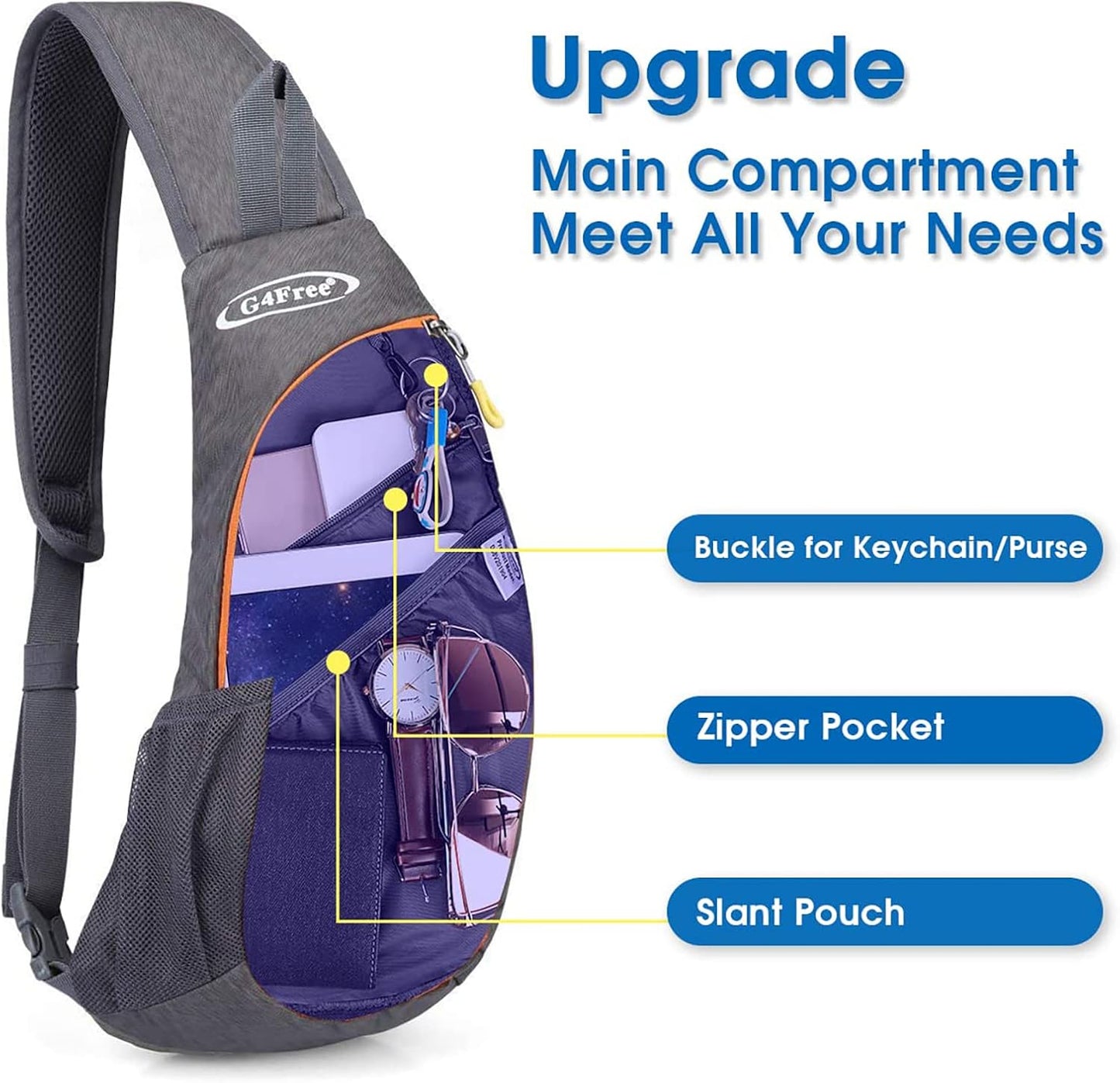 G4Free Sling Bag for Men Women, Small Crossbody Backpack Lightweight Chest Shoulder Bags for Travel, Outdoor and Sports (Grey-orange)