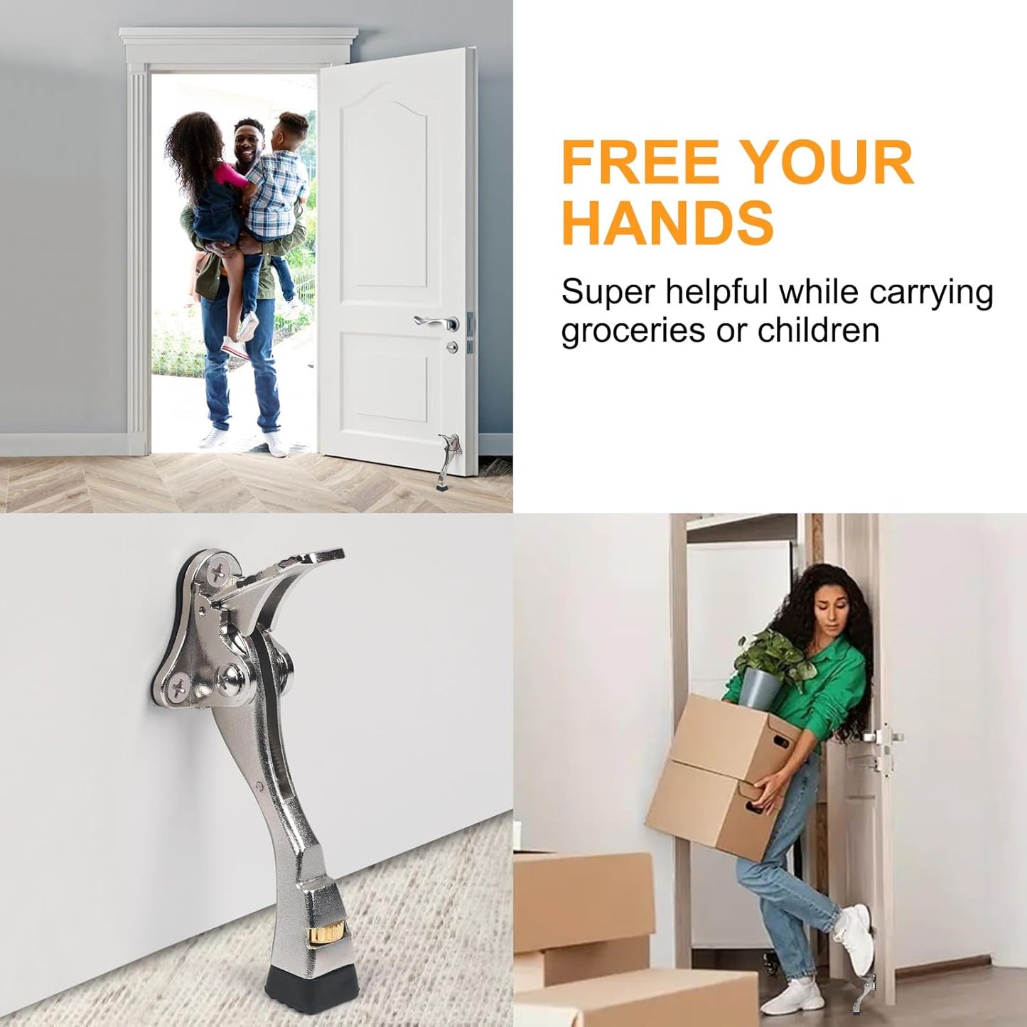 2 Packs Heavy Duty Kickdown Door Stopper, One Touch Adjustable Kickdown Door Stop for Heavy Doors, 4 in Metal Door Kickstand with Rubber Tip & Wall Protectors for Wide Doors