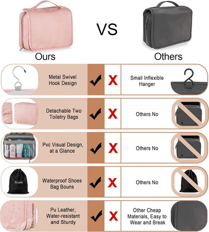Elviros Hanging Travel Toiletry Bag for Women, 3-in-1 Large Makeup Bag and Cosmetic Organizer, Vegan Leather Waterproof Skincare Case for Travel Size Toiletries and Accessories