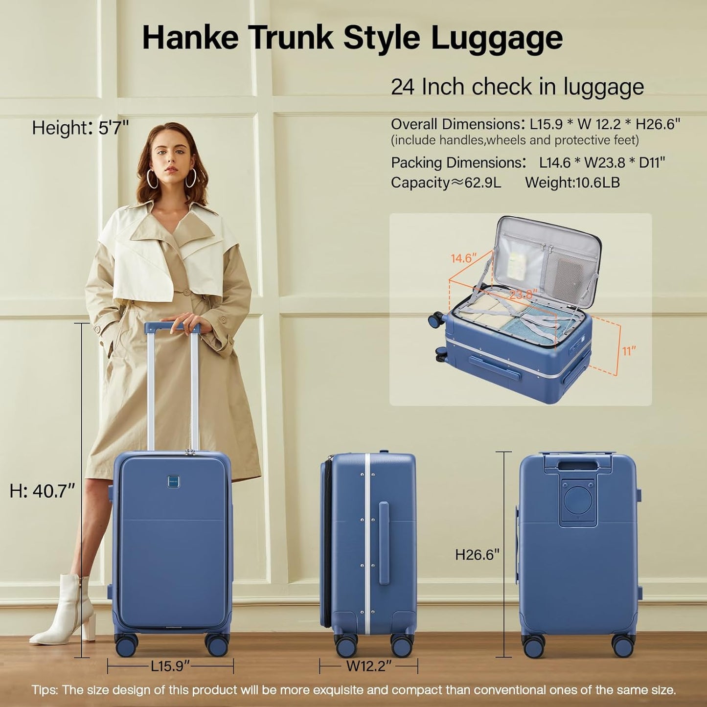 Hanke 24 Inch Luggage with Cup Holder and Charge,Top Opening Hard Shell Suitcases with Wheels and Dividers,Aluminum Frame Trunk Luggage Medium Checked Suitcase with Lock for Travel,Interstellar Blue