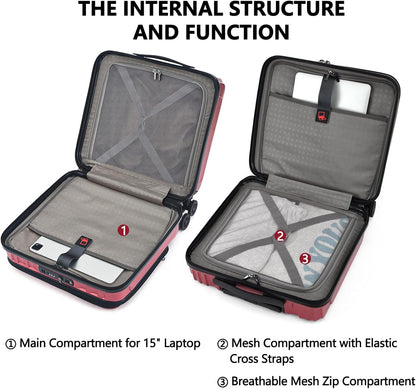 TydeCkare 16" Carry on Luggage with 2 Laptop Compartments, Lightweight Hardshell ABS+PC Suitcase with Dual Control TSA Lock, with YKK Zipper, 4 Spinner Silent Wheels, for Business Travel, Wine Red
