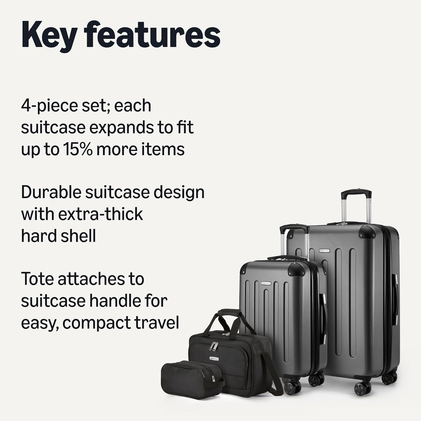 Amazon Basics 4-Piece Luggage Set, Including Two Hardside Suitcases With Multi-directional Spinner Wheels (22" Carry-On and 28" Checked), 15" Tote Bag and 10" Compact Travel Bag, Black