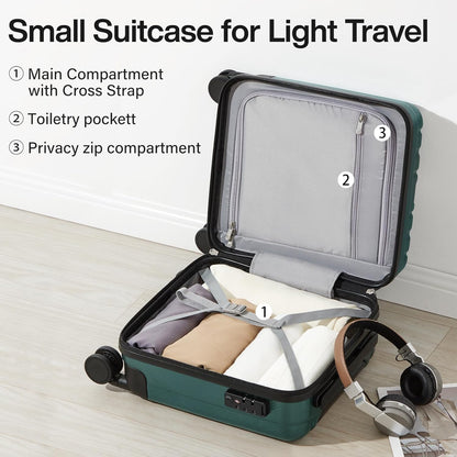 Hanke 14 Inch Underseat Carry On Luggage with Wheels Hard Shell Suitcases Lightweight Small Luggage for Weekender Mini Suitcase Carry On Bag Travel Luggage for Travel Rolling Suitcase.(Blackish Green)