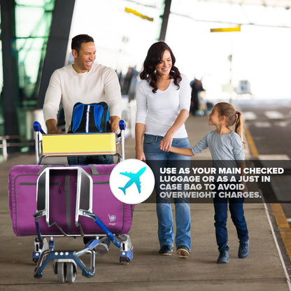 Bago Large Foldable Duffel Bags for Traveling Women & Men - 80L Packable Duffle Bag for Travel with Shoe Compartment - Water Repellant, Heavy Duty, Lightweight Folding & Collapsible (Purple)