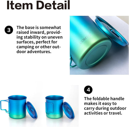 Titanium Camping Pot Mug 15oz (420ml) with Lid and Foldable Handle – Ultralight Camping Cup for Hiking, Backpacking, Outdoor Cooking, Blue