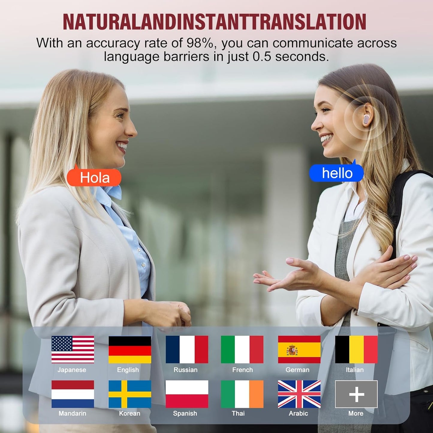 AI Language Translator Earbuds Real Time, 164 Language/6 Translation Modes Translator Earbuds 3-in-1 Translation Headphones, Bluetooth 5.4 Translation Device for Travel Business Learning, Rose Gold