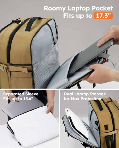 Tolaccea Travel Laptop Backpack, TSA Flight Approved Carry On Travel Duffel Backpack, Dual Laptop Storage for 17.3" and 15.6" Laptop, Large Luggage Backpack 40-45L Expandable for Men Women (Khaki)
