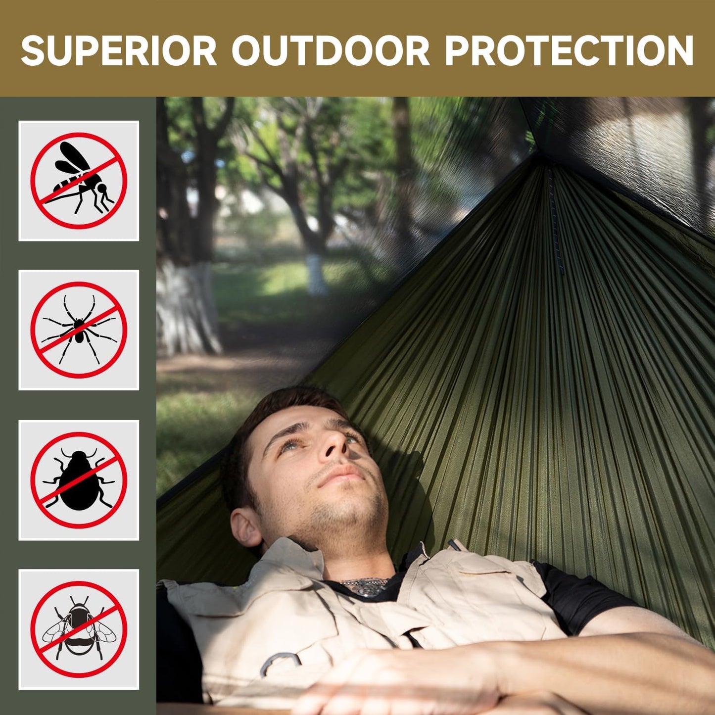 Camping Hammock with Mosquito Net and Ridge Rope, Extra Large for 2 Person, Lightweight Hanging Hammocks Tree Straps, All-in-one Fast Open Hammock for Outside, Hiking, and Travel