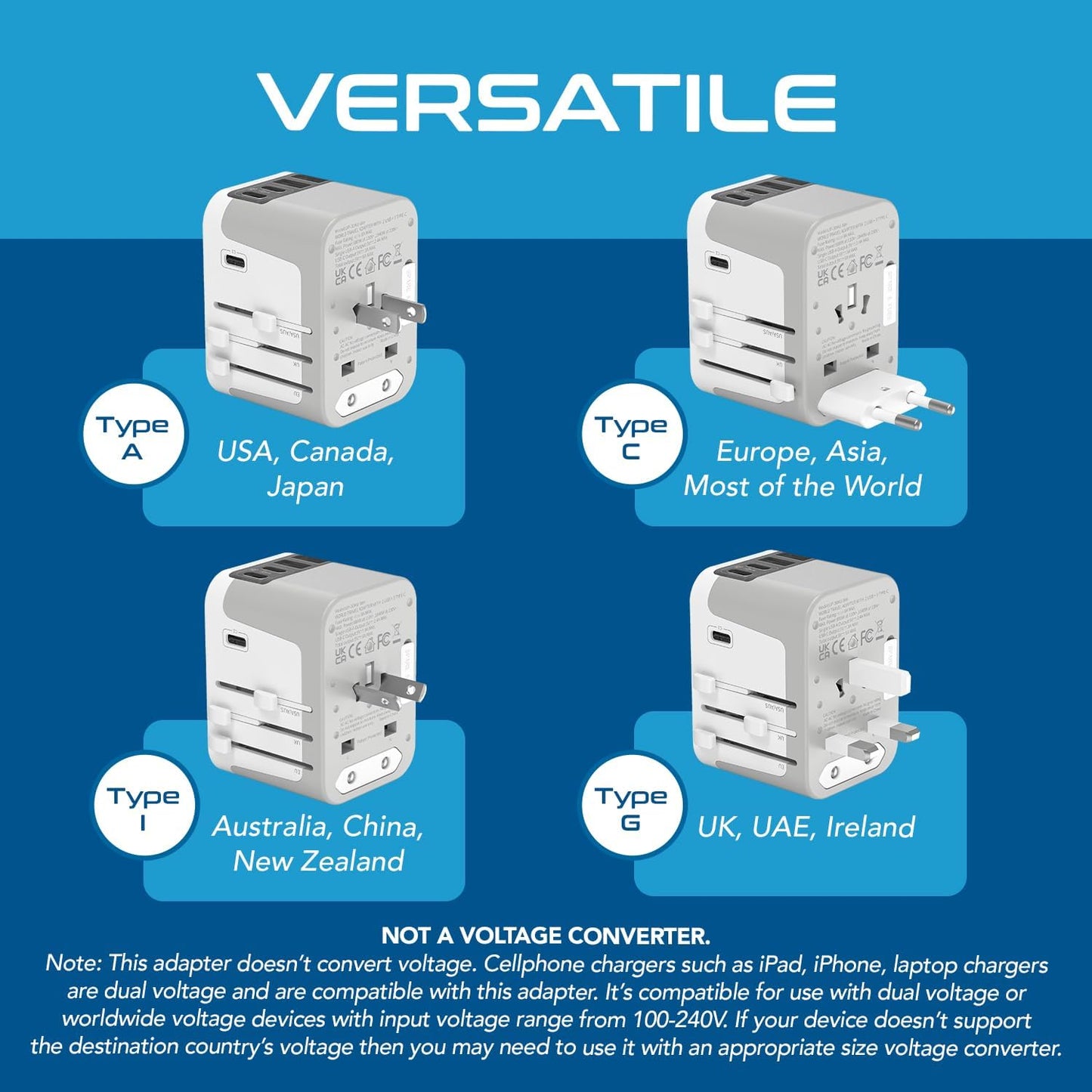 Ceptics 6 in 1 Universal Travel Adapter, Universal Outlet w/ 2X USB-A and 3X USB-C 6A, Travel Power Adapter for use in EU, UK, US, AU and More, Universal Plug for Mobiles, Laptops- UP-30KU-WH