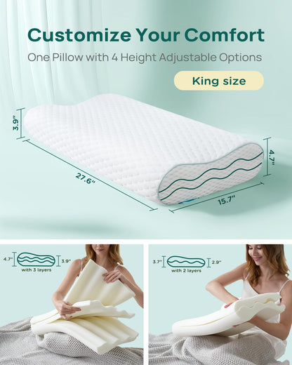 Ergonomic Memory Foam Pillow - Orthopedic Cervical Support Pillow for Neck & Shoulder Pain Relief, Adjustable Contour Pillow for All Sleeping Positions，King Size