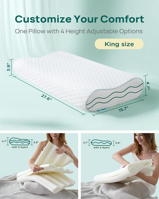 Ergonomic Memory Foam Pillow - Orthopedic Cervical Support Pillow for Neck & Shoulder Pain Relief, Adjustable Contour Pillow for All Sleeping Positions，King Size