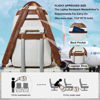 43L Backpack for Women Men - Vegan Leather Backpack Purse Travel Carry-on Bag College Bookbag Work fits 17" Laptop, Beige