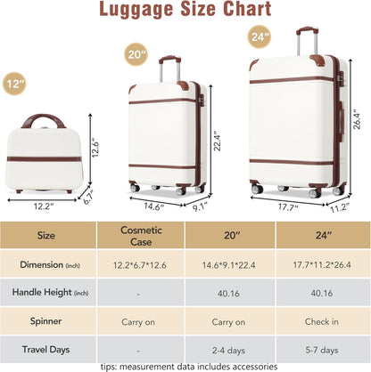Merax Luggage Set 2 Piece Suitcase Set with Cosmetic Case Expandable Spinner Wheels Vintage Luggage Sets (White,20"+24")