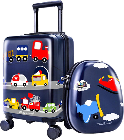 iPlay, iLearn Airplane Kids Luggage, Boys Carry On Suitcase, 18" Hardside Travel Luggage Set W/Backpack, Toddler Rolling Luggage W/ 4 Spinner Wheels, Children Holiday Birthday Gift