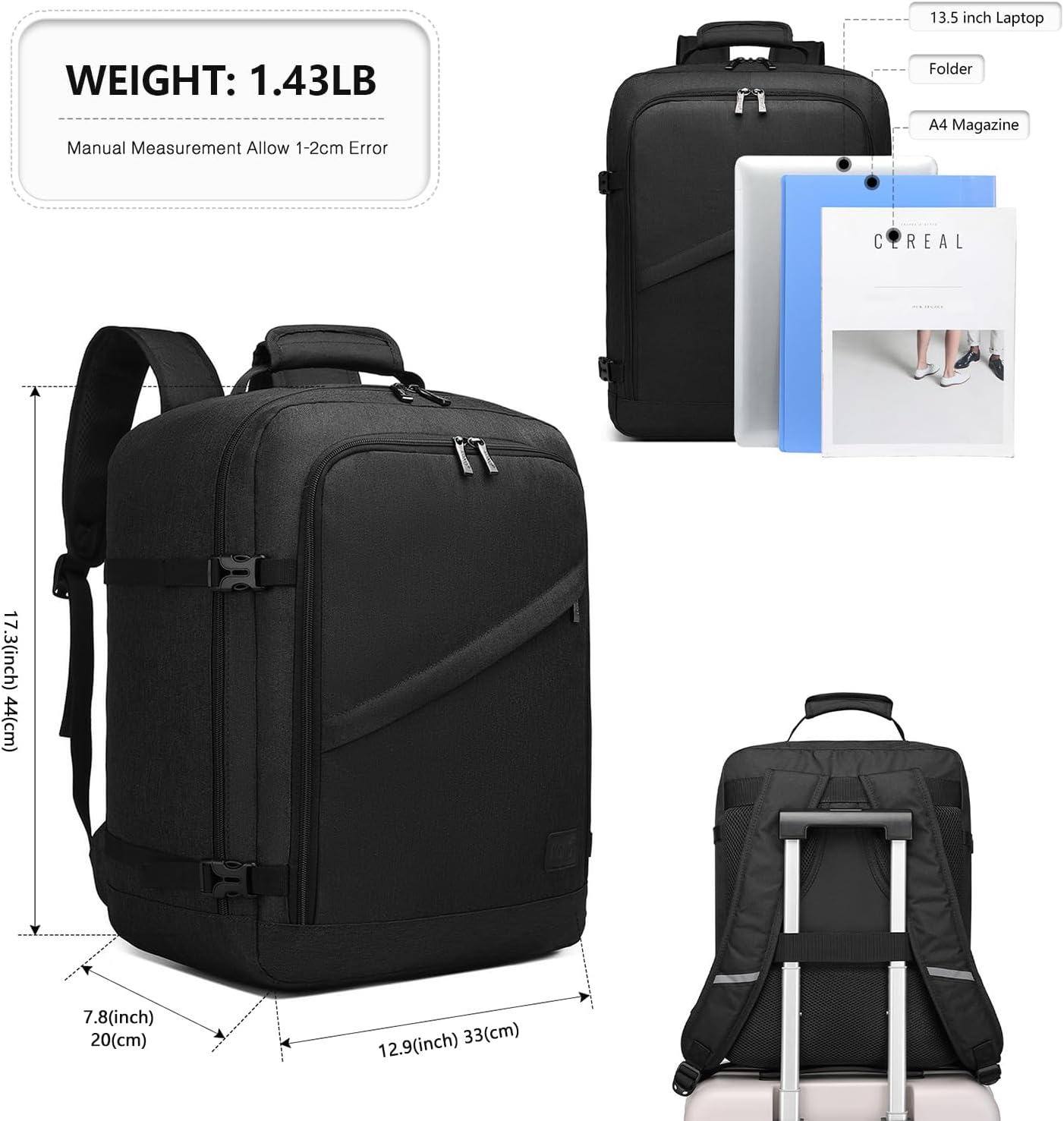 Kono Carry on Backpack, 18" Airplane Approved Under Seat Travel Backpack for Men and Women, Waterproof Lightweight Daypack for Flight 30L (Black, Medium)