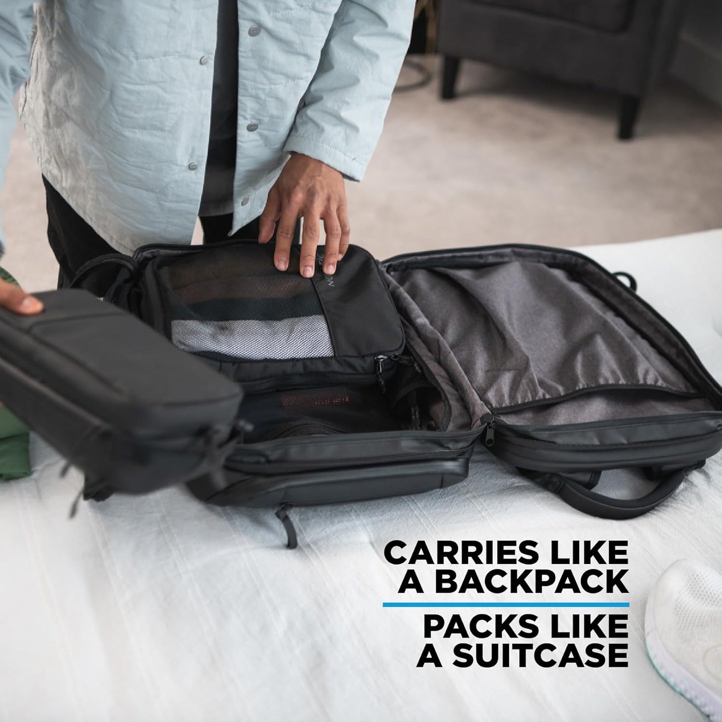 NOMATIC 14L Travel Pack - Water Resistant Laptop Bag - TSA-Ready Expandable Backpack (Black)