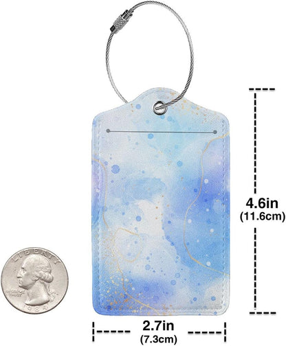 Light Blue Luggage Tags for Suitcases, 2 Pieces PU Leather Bag Tags with Full Back Privacy Cover Name ID Card Stainless Steel Loop, Blue and Gold Marble Baggage Tags for Women Girls Men Boys Travel