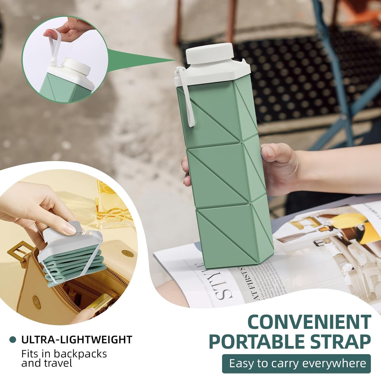 24oz Collapsible Water Bottles,Food grade BPA Free Reusable Foldable Water Bottle Lightweight LeakProof for Travel Hiking Camping Cycling Outdoor Sports,Collapses Folding Water Bottle,Green