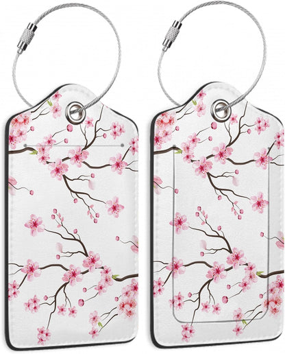 Luggage Tags for Suitcase,2 Pack Japanese Cherry Blossom Tree Luggage Tag PU Leather Privacy Cover ID Label with Stainless Steel Loop for Women Men Teens Travel
