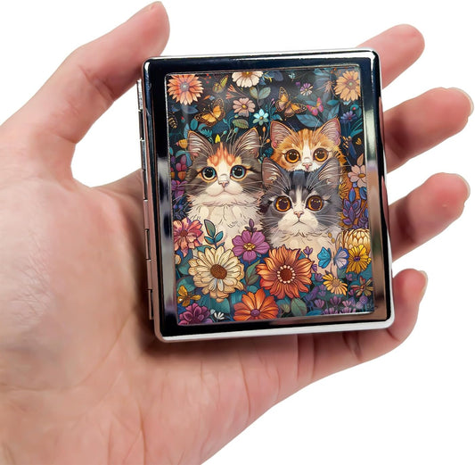 8‑Compartment Metal Pill Box Organizer – Portable Medicine Case 3″×2.6″ | Food‑Grade Dividers | Secure Snap Button Lid | Travel & Gift for Seniors (Curious Kittens in Bloom)