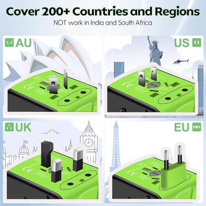 JMFONE International Travel Adapter 2 USB-C & 2 USB-A Ports and Multi AC Sockets,Universal Power Adapter Worldwide All in One High Speed 2.4A Perfect for 200+ Countries (Green)