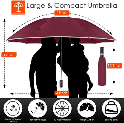 Bodyguard Inverted Umbrella - Large Windproof for Rain & Sun, Compact Reverse With Reflective Stripe, Teflon-Coated for Women Men, Travel Folding With Cover Bag