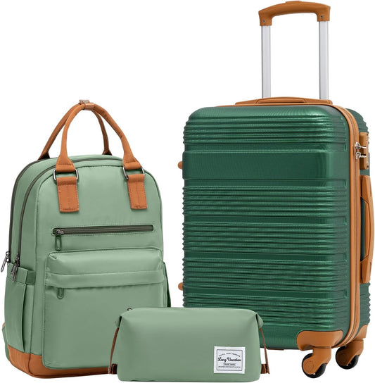 LONG VACATION 3 Piece Carry On Luggage 20 Inch Suitcase with Spinner Wheels, ABS+PC Hardshell Suitcase set with TSA Lock & YKK Zipper