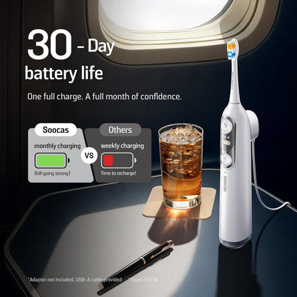 Soocas NEOS II - Electric Toothbrush with Water Flosser, Sonic Electric Toothbrush for Adults, Cordless Water Flosser for Travel, Portable Oral Irrigator, Up to 100% Plaque Removal, Pearl White