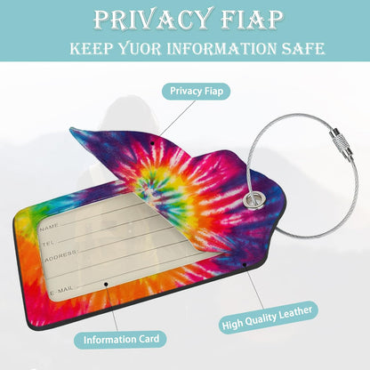 Tie Dye Luggage Tag,Colorful Rainbow Luggage Tags of Set 2 Leather Identifiers Privacy Cover with Stainless Steel Loop for Women Men Travel Bag Suitcase