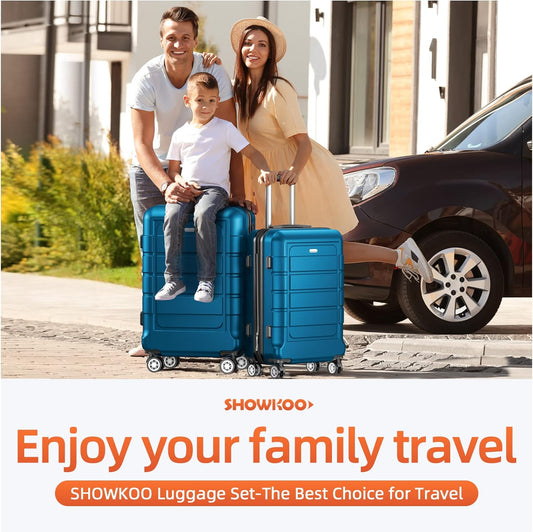 SHOWKOO Luggage Sets Expandable PC+ABS Durable Suitcase Sets Double Wheels TSA Lock Sea Blue 3PCS