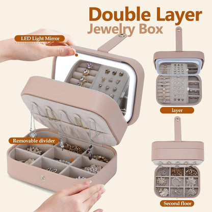 Travel Jewelry Case with LED Lighted Mirror, Personalized Birthday Gifts for Women Girls Kids, 2-Layer Portable Travel Jewelry Organizer, Travel Essentials (Autumn Apricot)