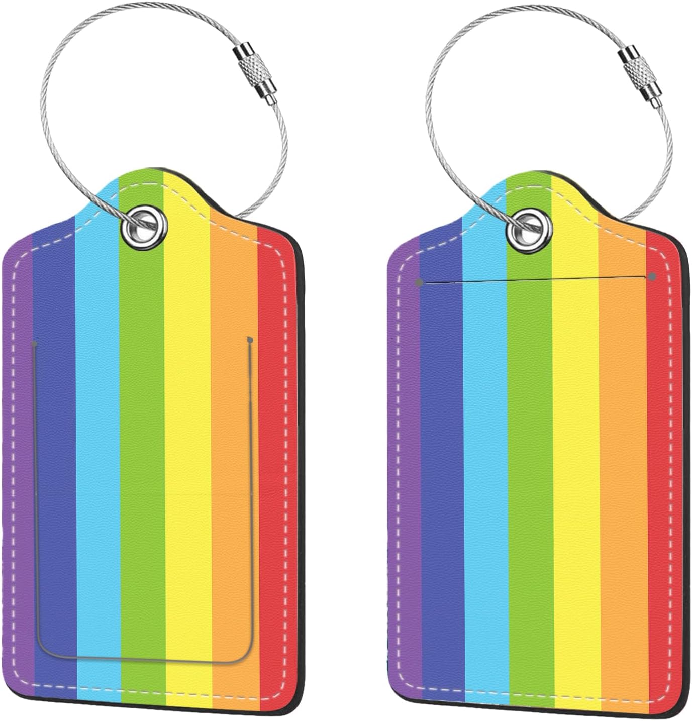 2 Pcs Luggage Tags for Suitcases, PU Leather Cruise Ship Luggage Tags with Privacy Cover Label Address Card and Durable Metal Ring Suitable for Men Women Handbags Backpacks SchoolBags,Rainbow Stripes