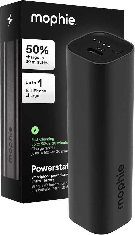 Mophie Powerstation Mini 5,000mAh Portable Power Bank (Gen 3) – Ultra-Fast USB-C PD, 20W Output, Up to One Full Phone Charge, Pocket-Sized, LED Indicator, Includes USB-C Cable, Black