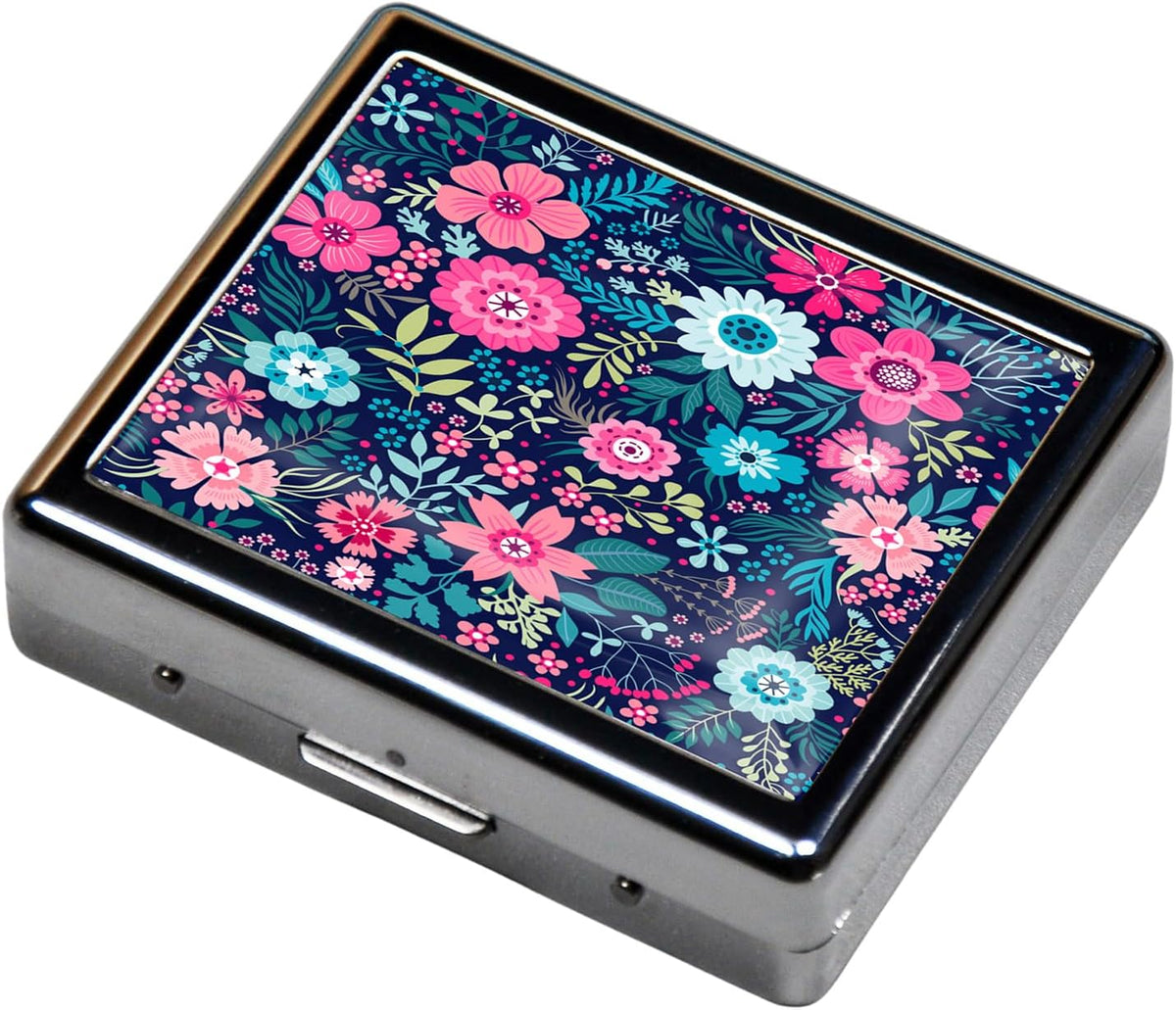 Silver Vintage Pill Box 7 Day Metal Pill Box with Mirror and 8 Compartments Cute Travel Pill Organizer for Purse (Colorful Floral Pattern)
