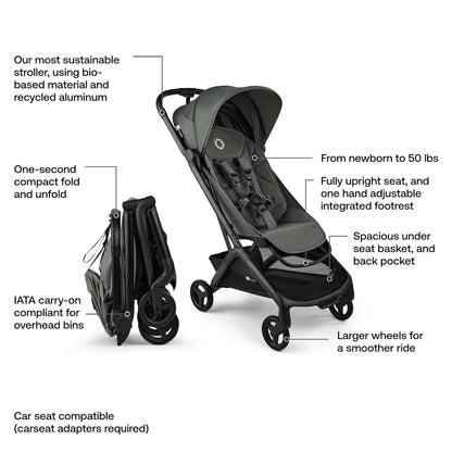 Bugaboo Butterfly 2 Travel Stroller, Ultra-Compact One-Second Fold, Lightweight and Airplane-Friendly (Green)