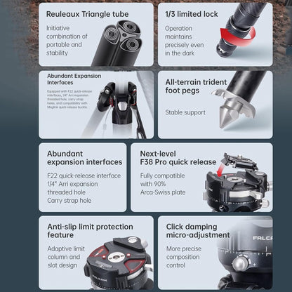 Falcam TreeRoot 61" F38 Pro Quick Lock Travel Tripod,with 360 Degree Damping Ball Head Load Capacity 5kg/11lbs,Carbon Fiber Tripod with F22 Interfaces, 1/4" Screw,Carry Strap Holes for Cameras