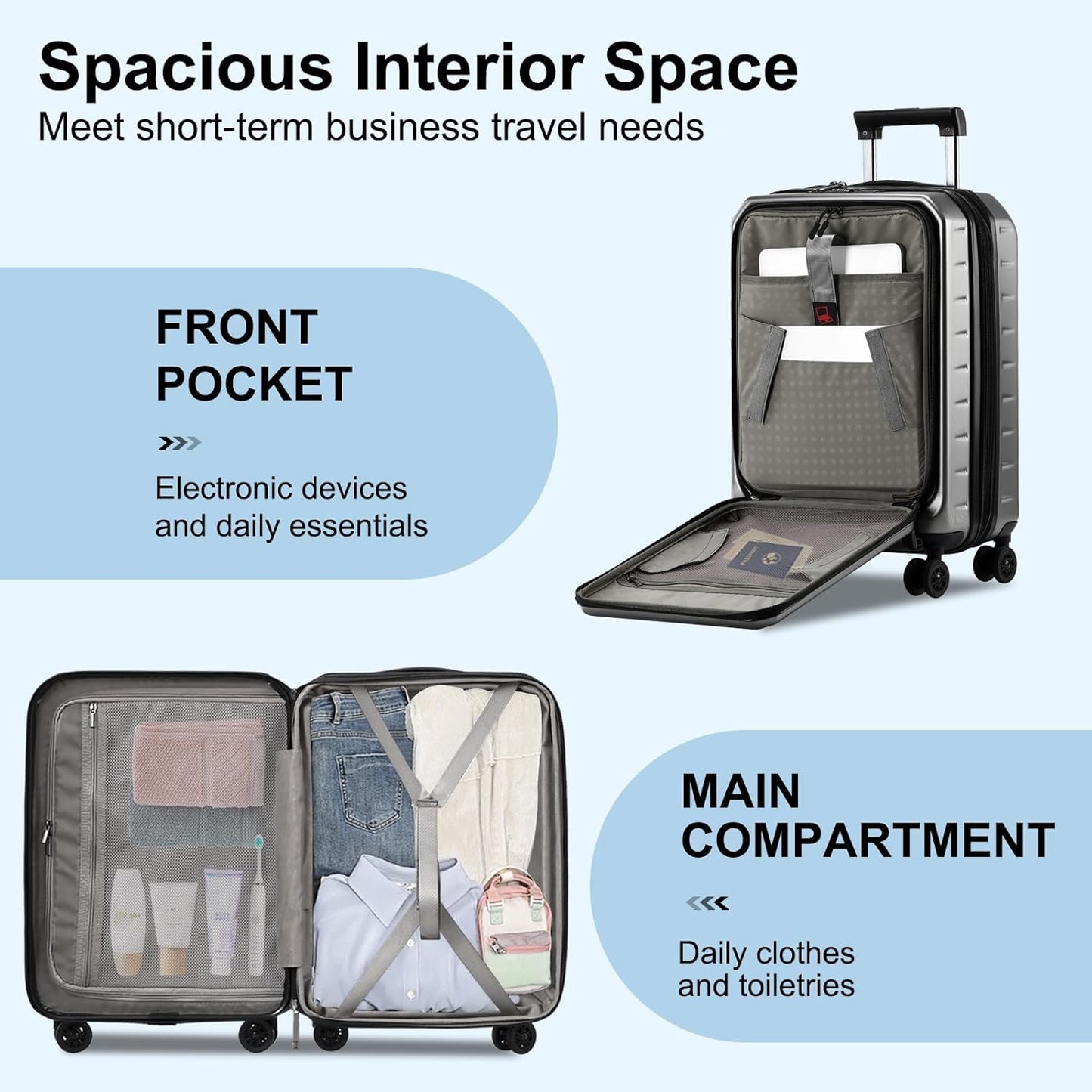 Expandable Carry On Luggage Airline Approved, 20 Inch Lightweight ABS+PC Hard Shell Suitcases with Front Pocket, Spinner Wheels, TSA Lock (Dark Gray, 1PC)