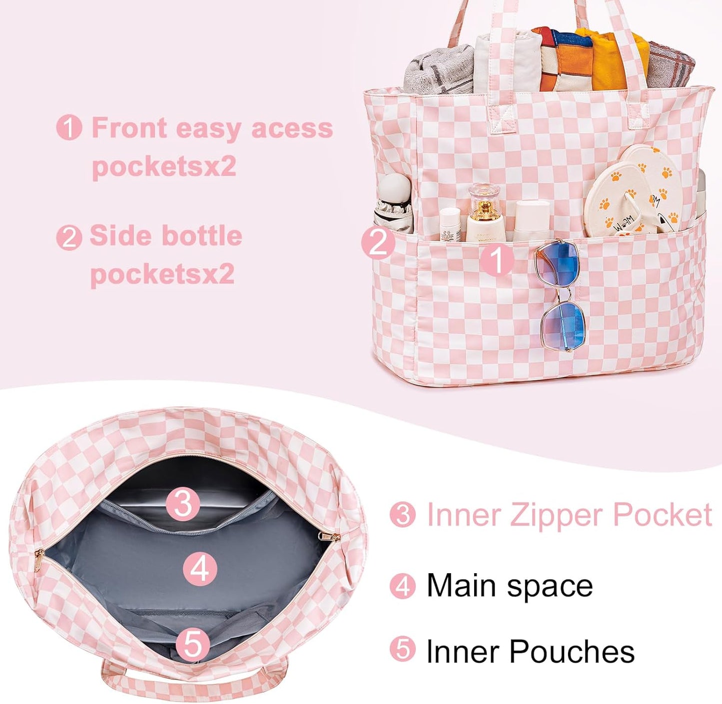 LEDAOU Large Beach Tote Bag Women Waterproof Sandproof Zipper Beach Tote Bag for Pool Gym Grocery Travel with Wet Pocket