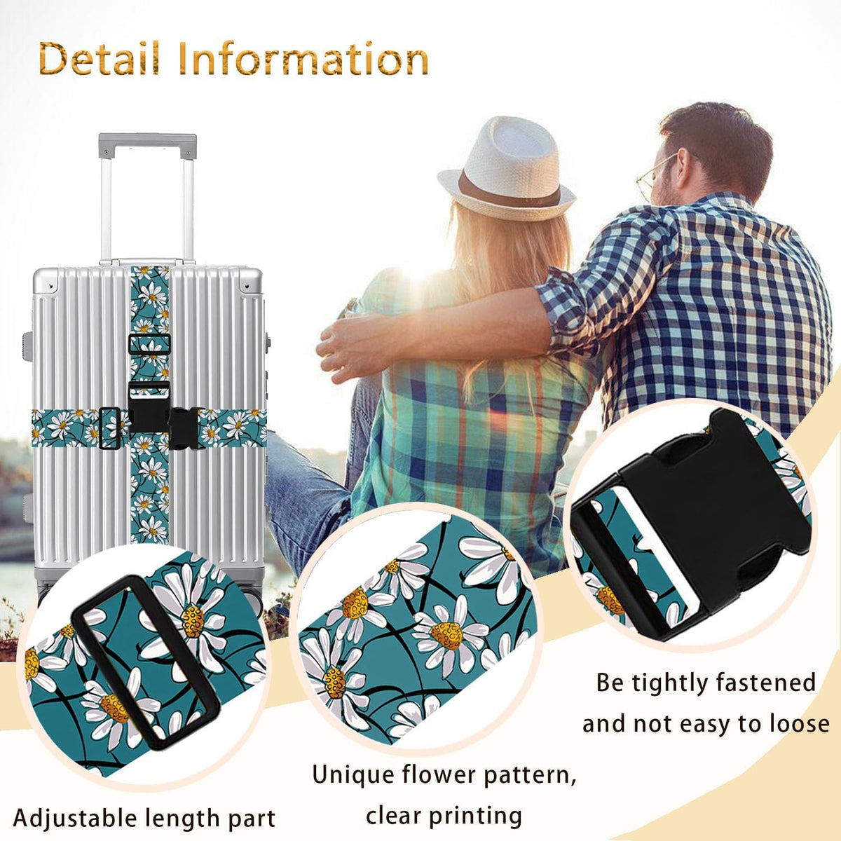 White Daisy Luggage Straps for Suitcases TSA Approved, Luggage Identifiers for Suitcase, Adjustable Suitcase Strap for Baggage Security with Cute Patten, Travel Necessary Accessories (2 Pack)
