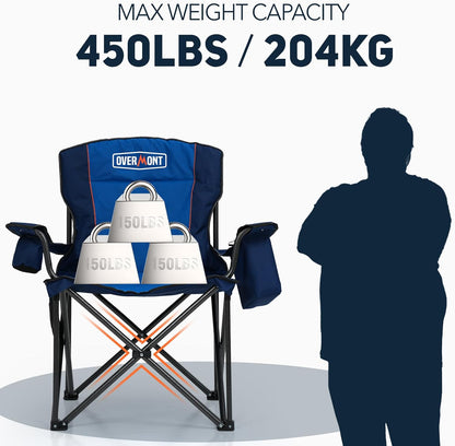 Overmont Oversized Folding Camping Chair - 450lbs Support with Padded Cushion Cooler Pockets - Heavy Duty Collapsible Chairs for Sports Garden Beach Fishing