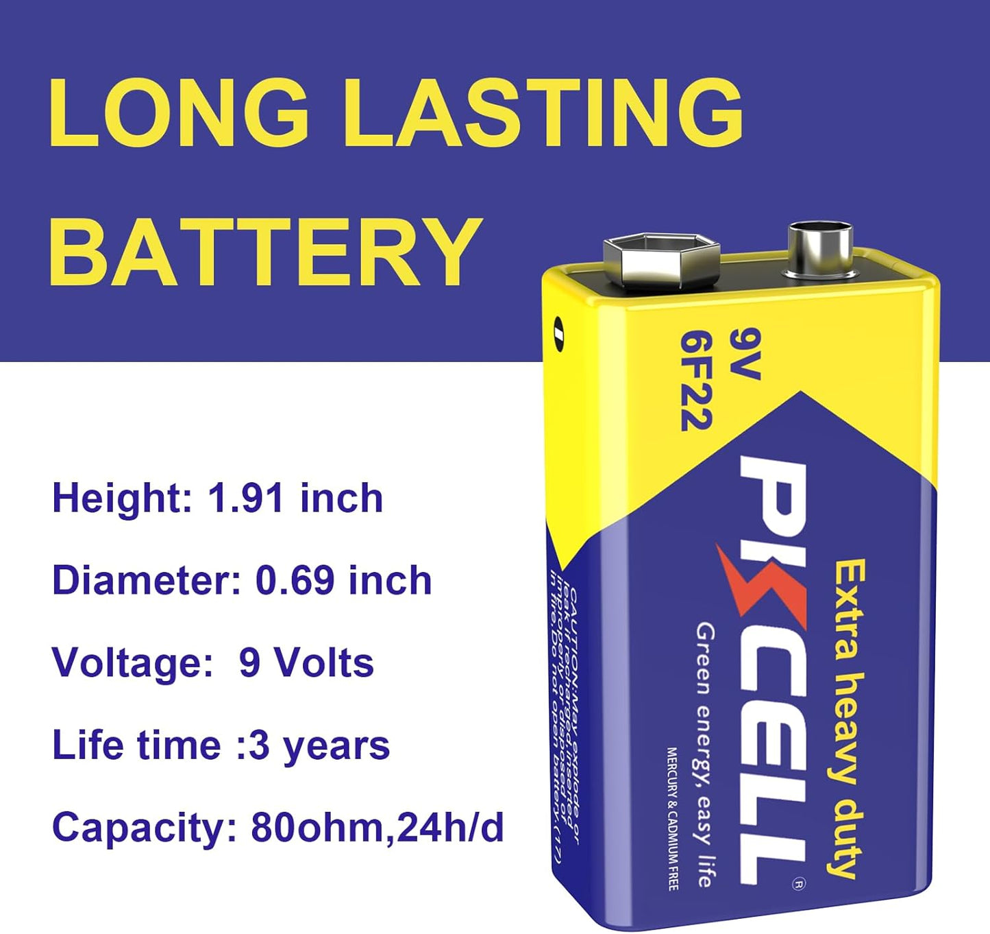 PKCELL 9V Battery Carbon Zinc for Smoke Detectors 6F22 Battery, 10-Year Shelf Life，Ultra Long-Lasting(2 Count)