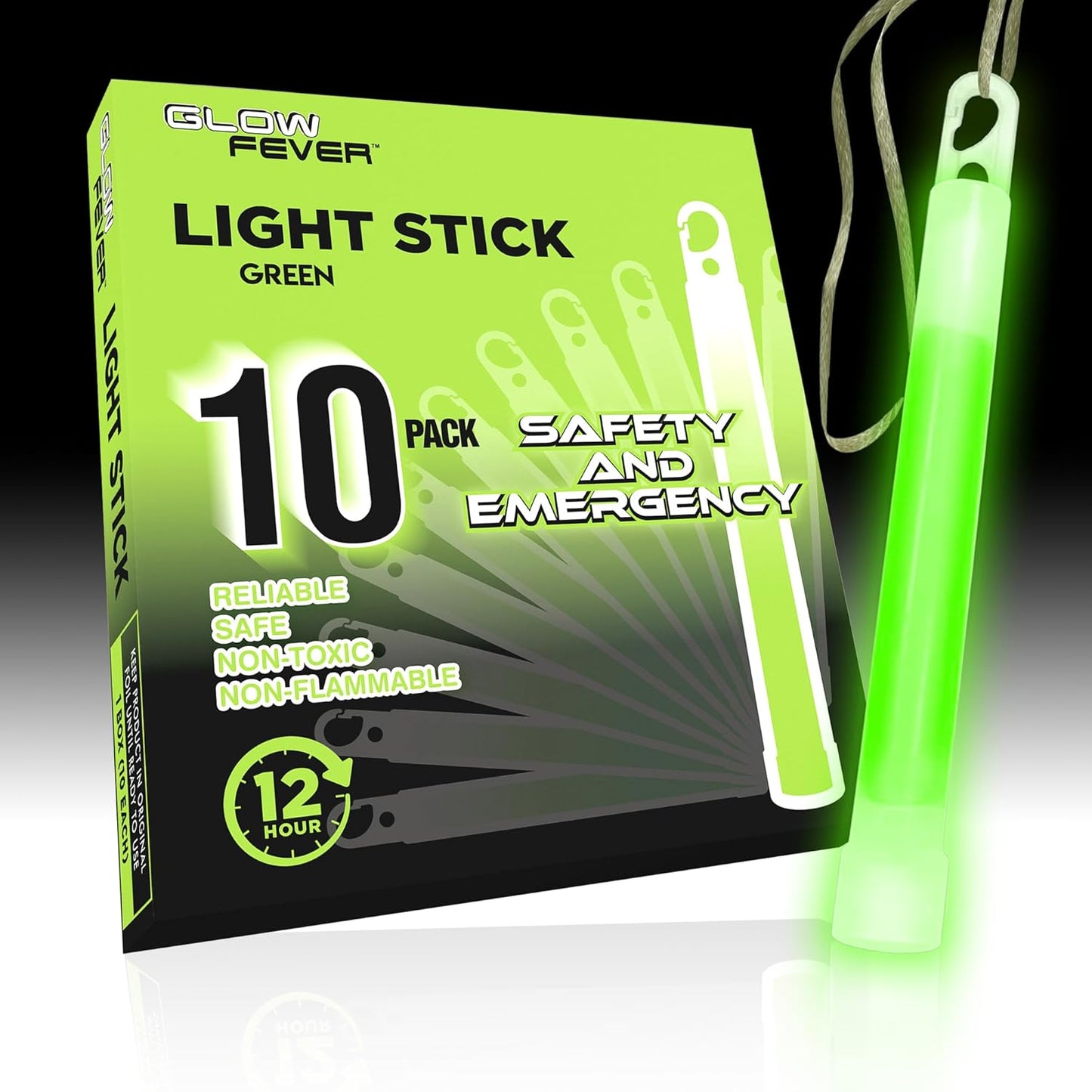 Glow Fever Emergency Safety Military Grade Glow Sticks, 10pcs, 6'' Ultra Bright Glow Sticks with 12 Hours Duration. Great for Hiking, Party, Camping, Blackouts, Hurricane and Survival Kits (Green)